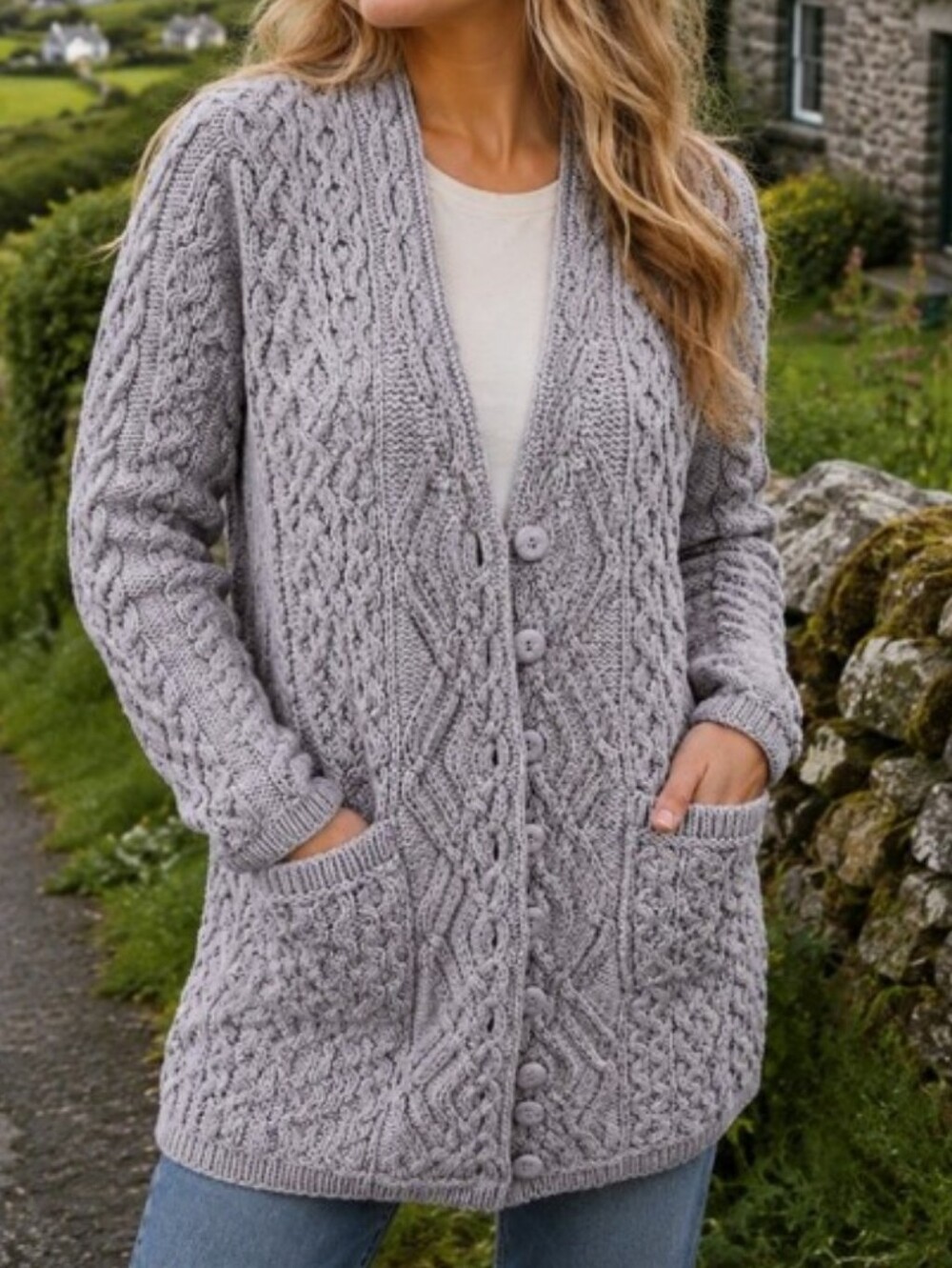 Aran Crafts Cable Knit Long Cardigan Sweater, Size L